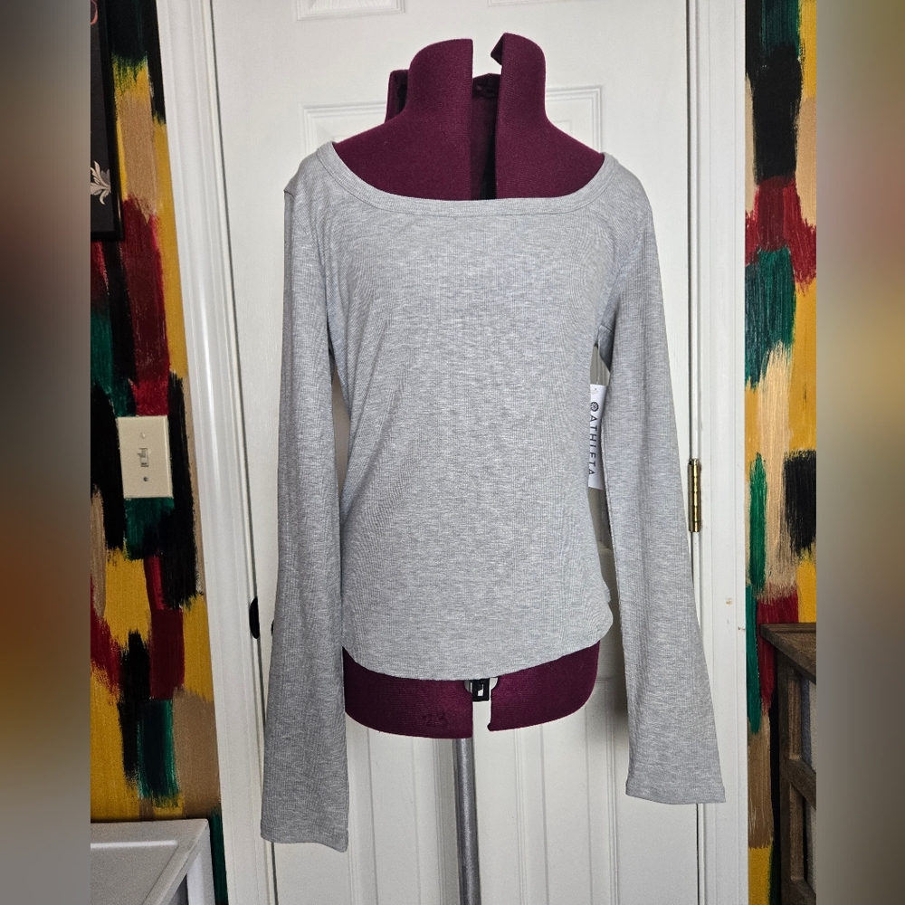 Athleta NWT Signature Rib Square Neck Top Gray Long Sleeve Medium